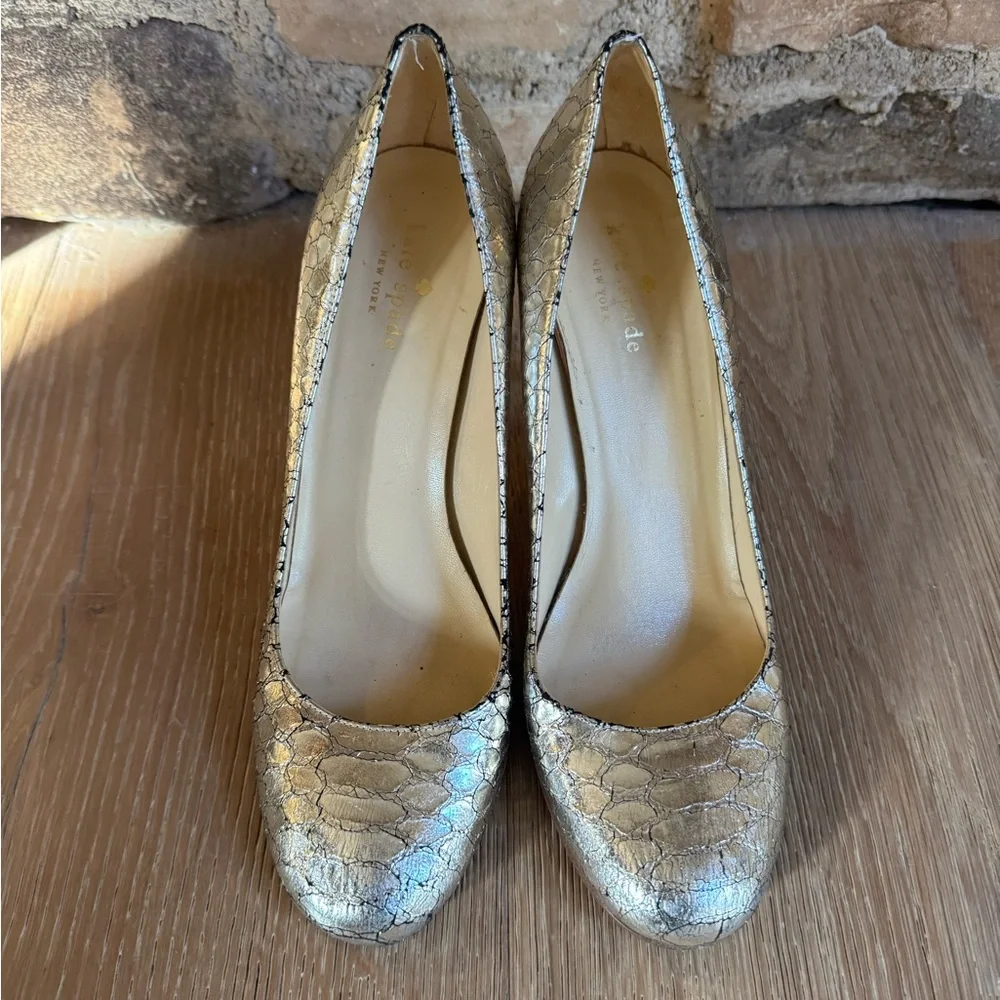 🔥Kate Spade Classic Gold Pumps Sz8.5🔥 Made Italy Carolina Snakeskin Price Firm